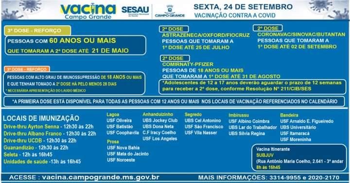 Confira o calendário de vacinação desta sexta-feira, 24 de setembro. 