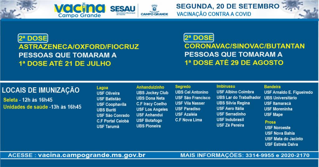 Confira o calendário de vacinação desta segunda-feira, 20 de setembro. 