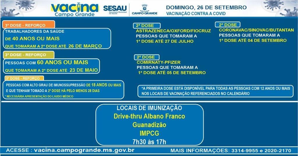 Confira o calendário de vacinação deste domingo, 26 de setembro. 