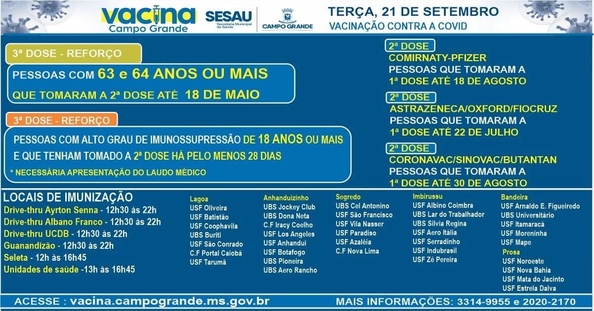 Vacina Campo Grande!  Confira o calendário desta terça-feira, 21 de setembro.