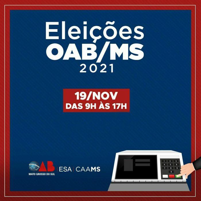 Eleições da OAB/MS para o triênio 2022/2024 serão realizadas no próximo dia 19 de novembro. Eleições da OAB/MS para o triênio 2022/2024 serão realizadas no próximo dia 19 de novembro.