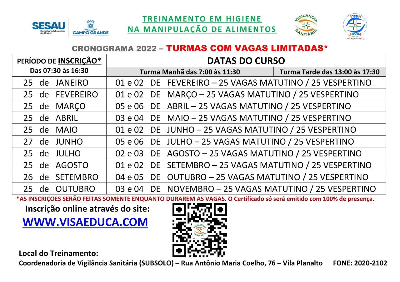 MATRÍCULA PARA PRIMEIRO CURSO DO ANO DE MANIPULAÇÃO DE ALIMENTOS ACONTECE NESTA TERÇA-FEIRA.