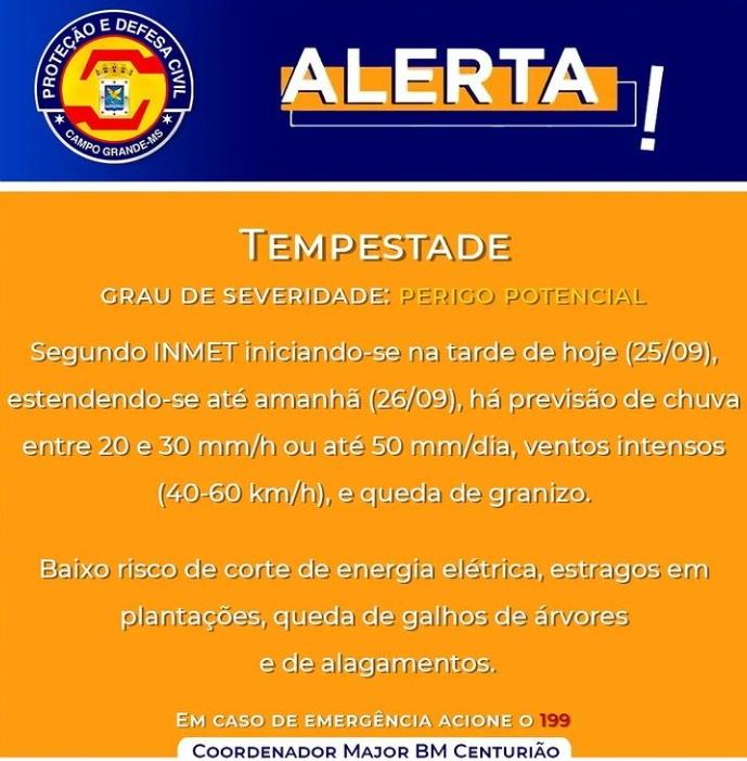 Defesa Civil Municipal de Campo Grande emite alerta de possíveis estragos provocados por chuvas e granizo