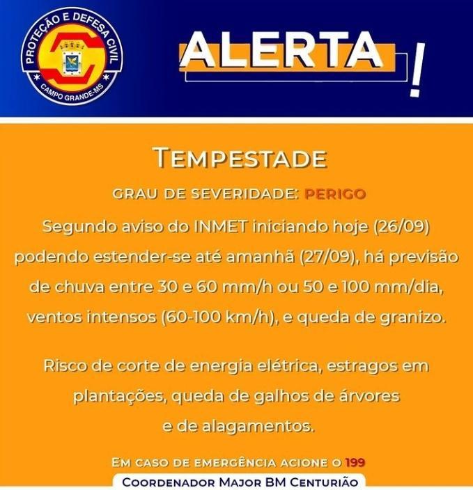 Defesa Civil Municipal de Campo Grande alerta para tempestades em Campo Grande e regiões de MS