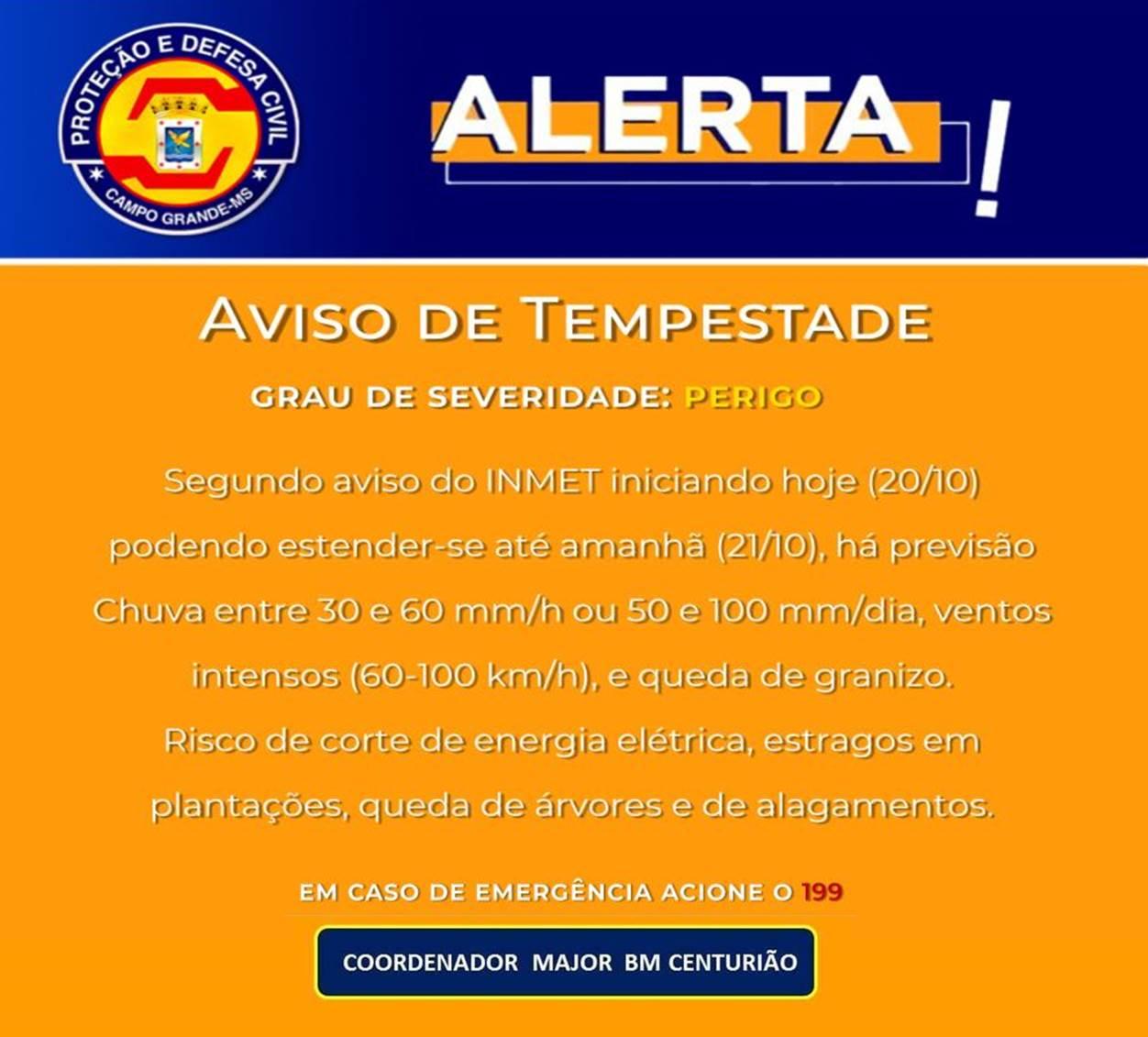 Defesa Civil Municipal de Campo Grande-MS segue em alerta máximo nos próximos dias