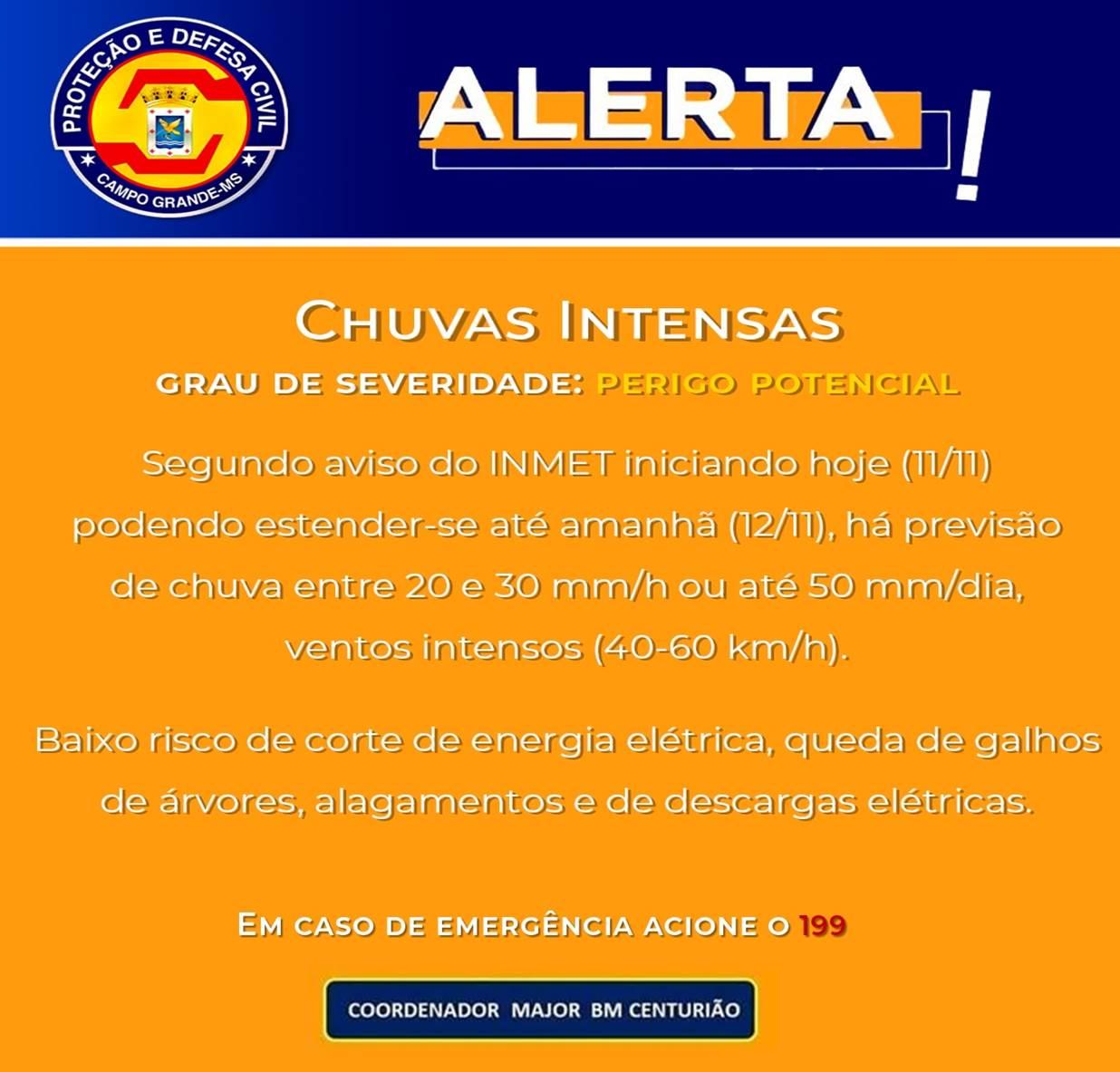 Defesa Civil Municipal junto com o Inmet, Alerta de perigo potencial, começa a valer meia-noite desta sexta-feira 