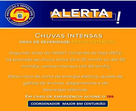 Defesa Civil Municipal: alerta segundo aviso do INMET, tem previsão de chuva forte para Campo Grande