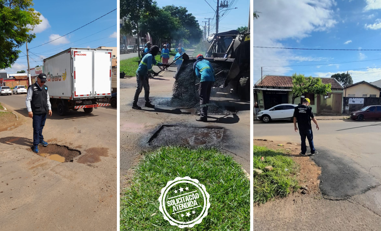 Solicitação atendida: Avenida dos Cafezais recebe tapa-buraco após pedido do vereador Tiago Vargas.