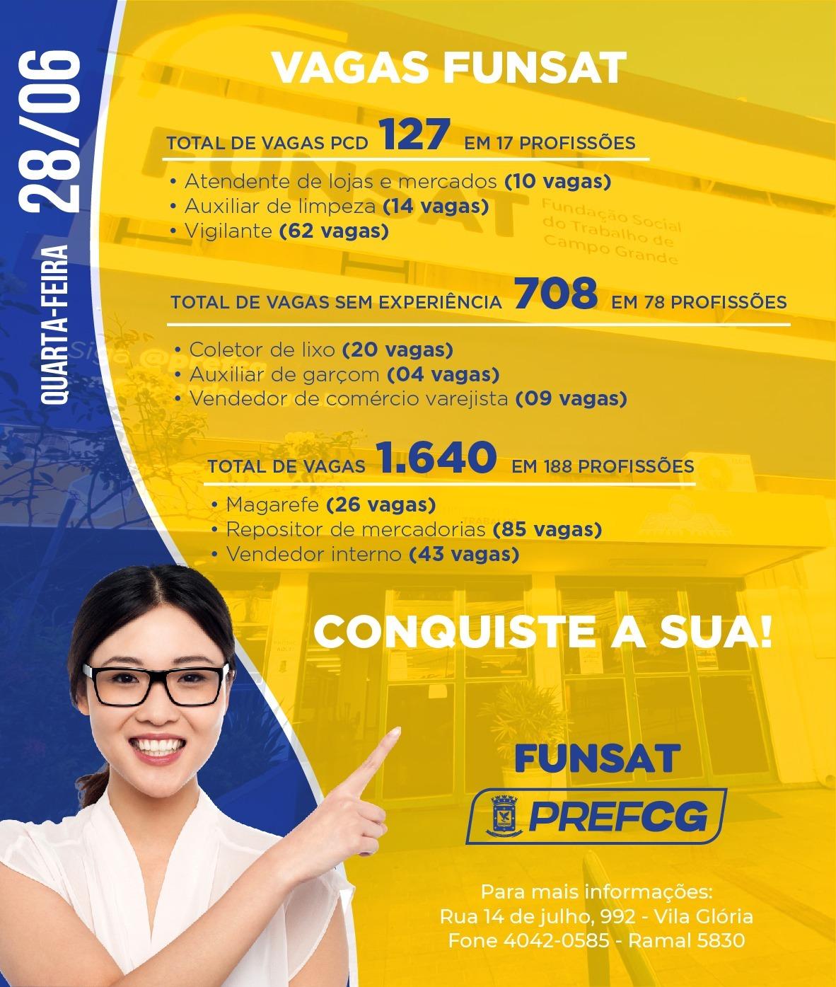 Funsat oferece 1.640 vagas de emprego em 188 funções nesta quarta-feira.
