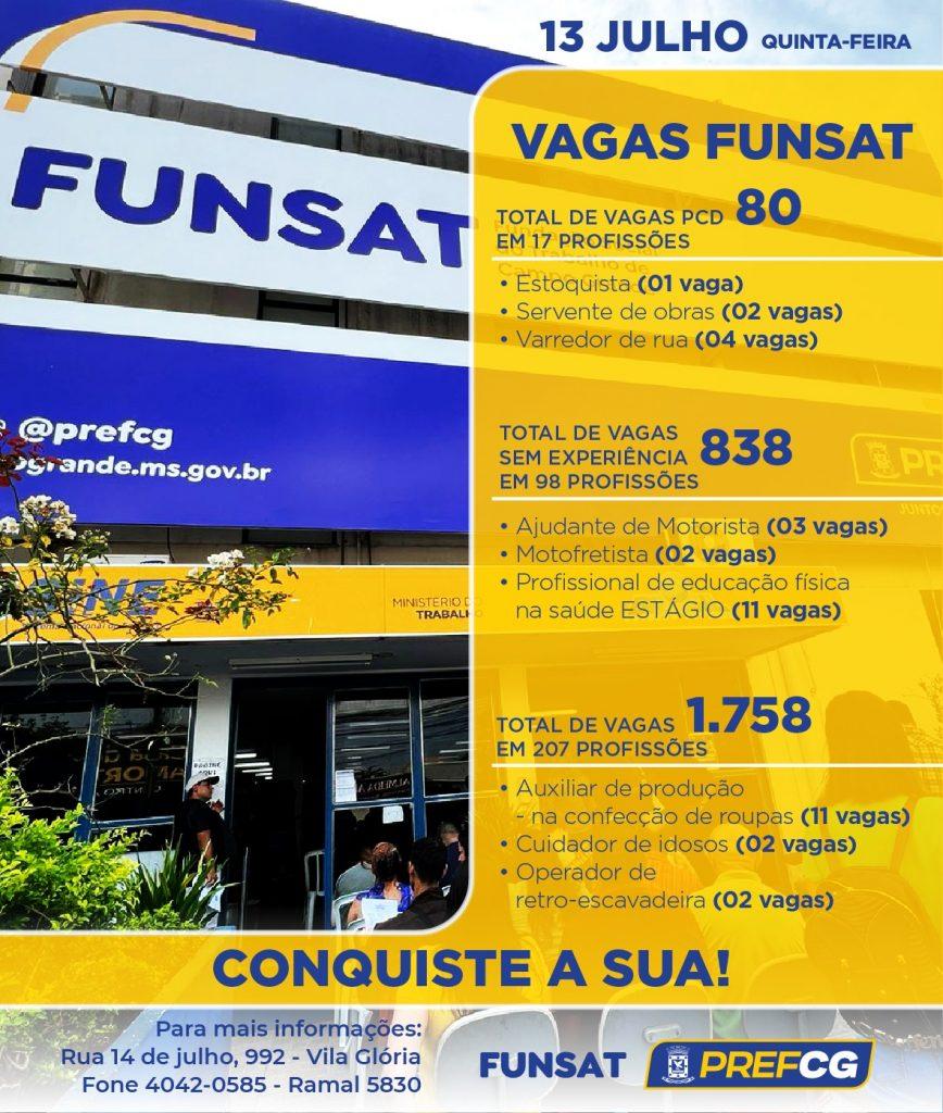 Funsat oferece mais de 1,7 mil vagas de emprego em 261 empresas nesta quinta-feira.