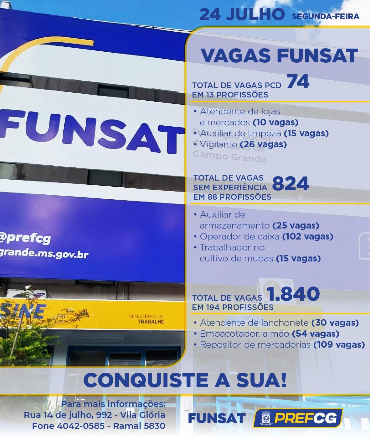 FUNSAT OFERECE 1.840 VAGAS DE EMPREGO EM MAIS DE 190 FUNÇÕES NESTA SEGUNDA-FEIRA.