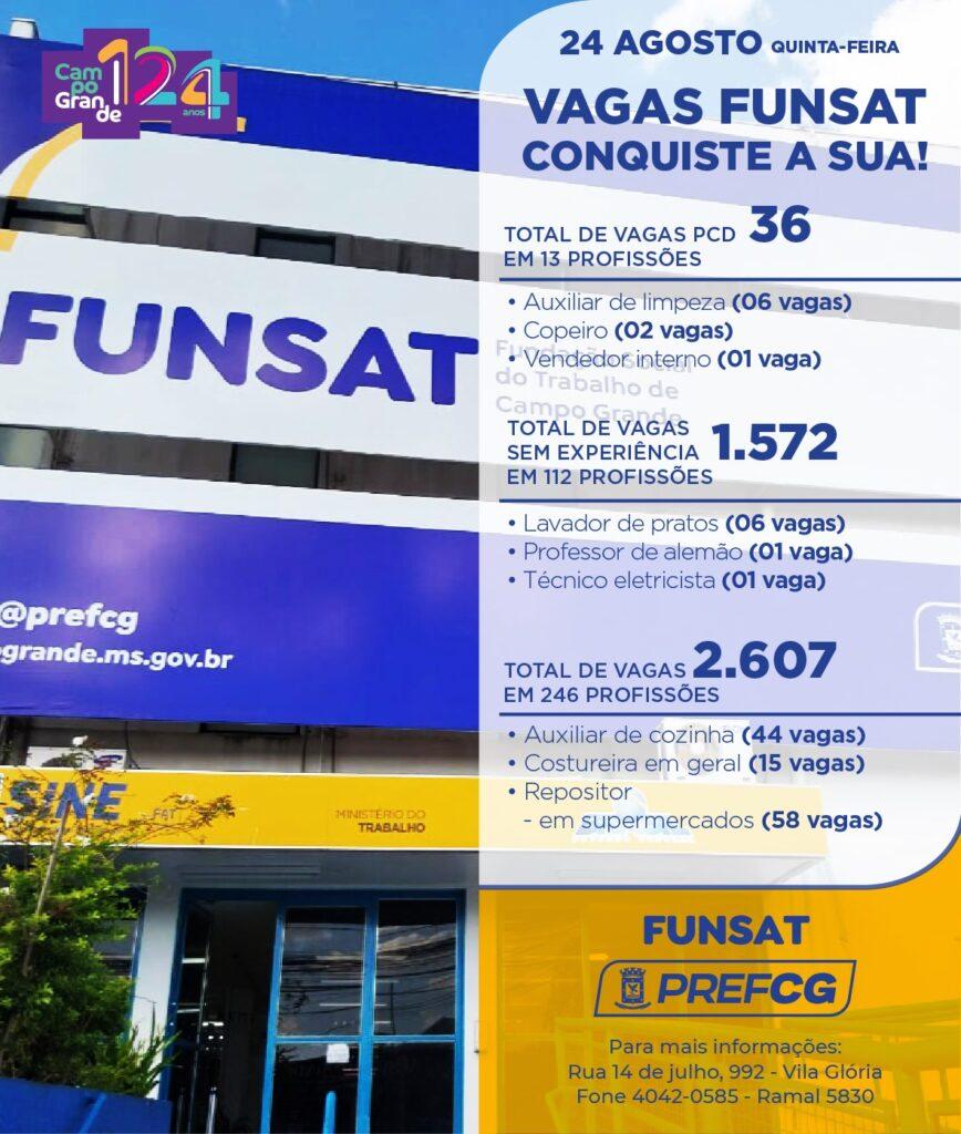 Funsat anuncia mais de 2,6 mil vagas de emprego em 246 funções nesta quinta-feira.