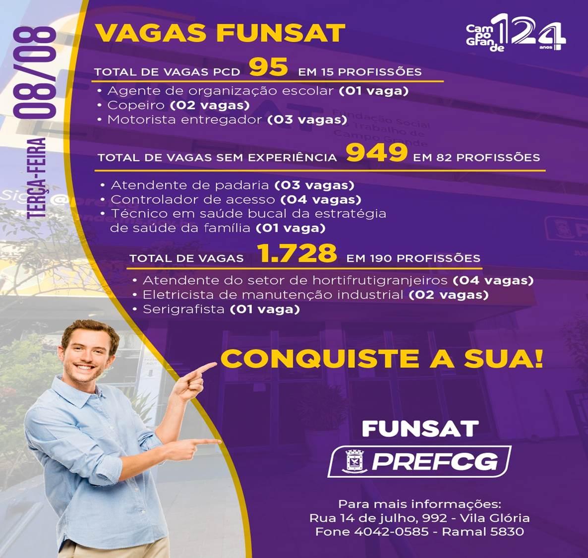 Funsat oferece 1.728 vagas de emprego em 190 profissões nesta terça-feira.