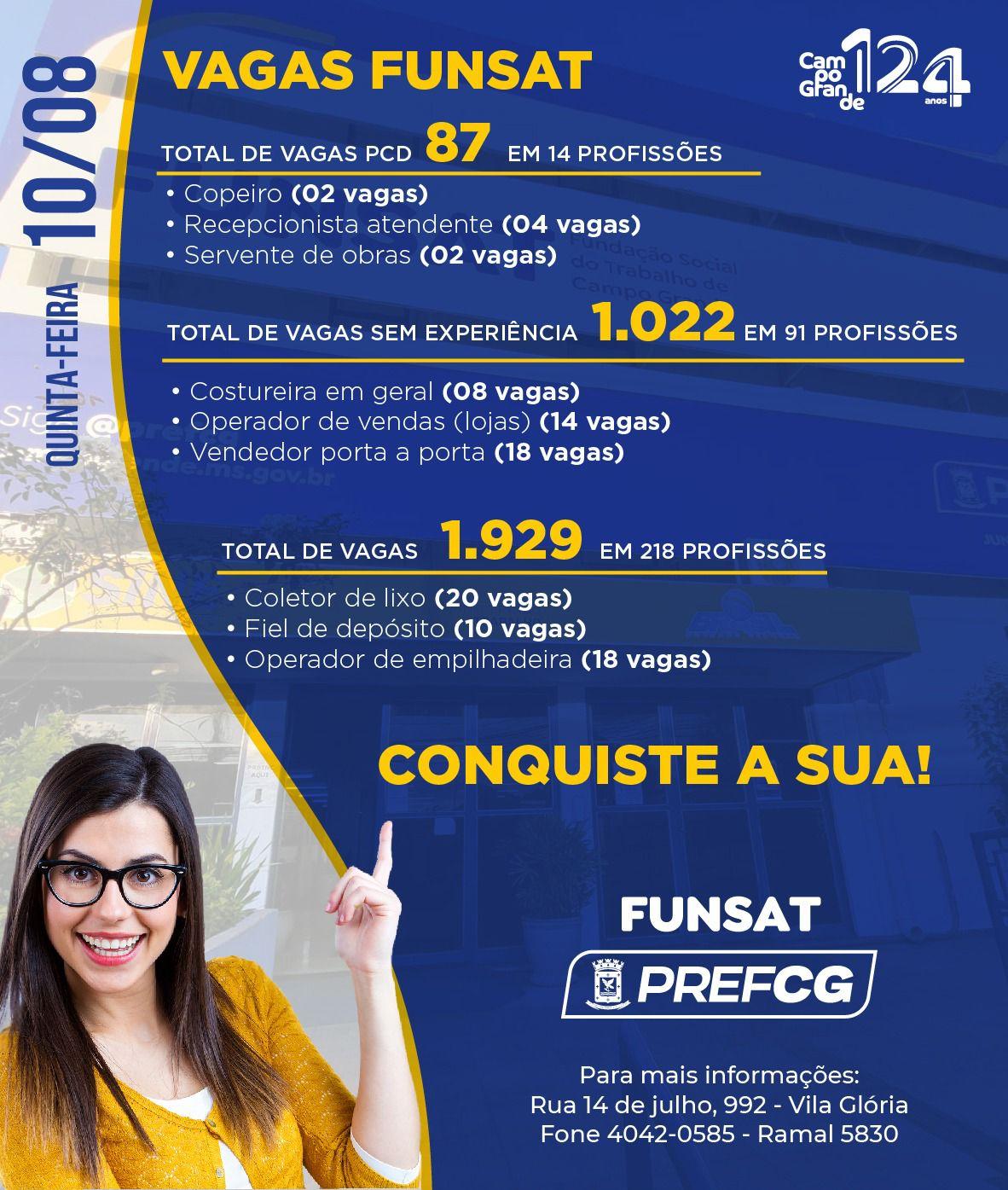 Funsat oferece 1.929 vagas de emprego em mais de 280 empresas nesta quinta-feira .