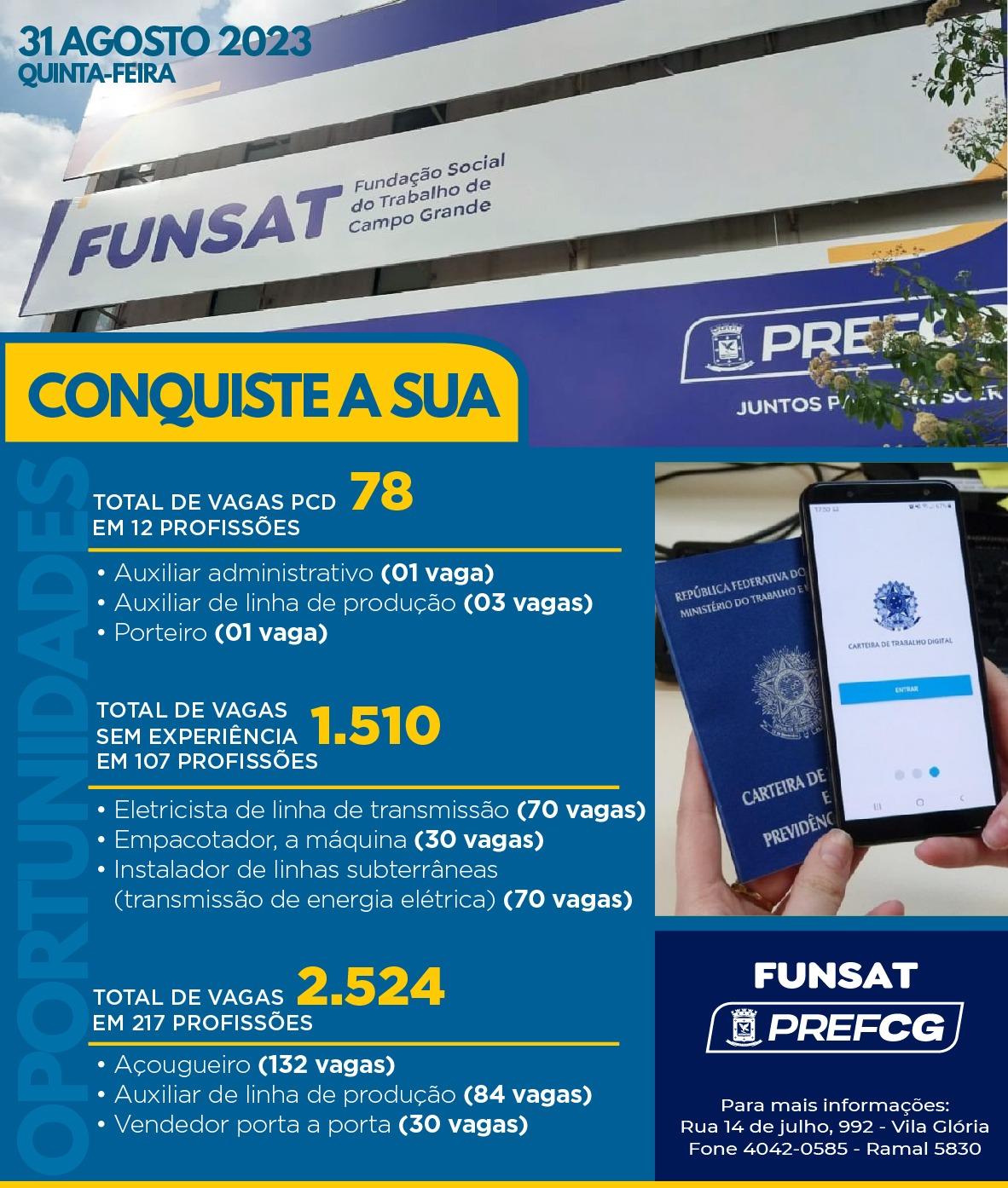 Funsat oferece mais de 2,5 mil vagas de emprego nesta quinta-feira.