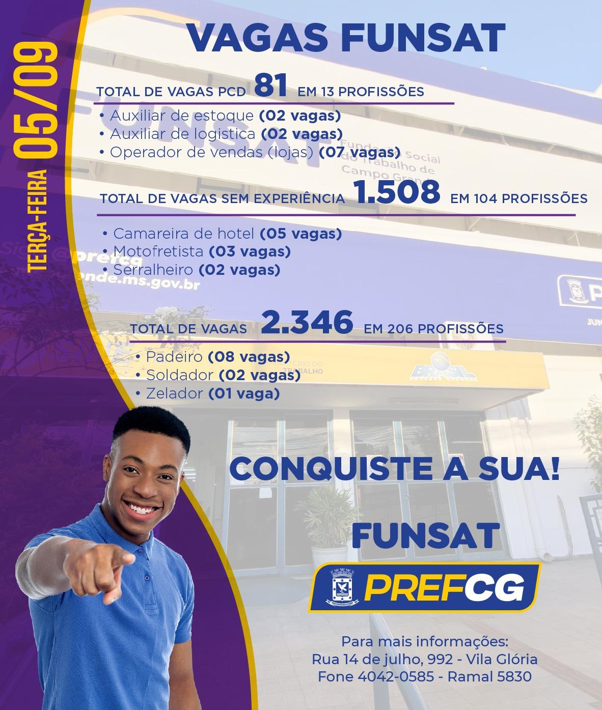 Funsat anuncia mais de 2,3 mil vagas de emprego em 206 funções nesta terça-feira.