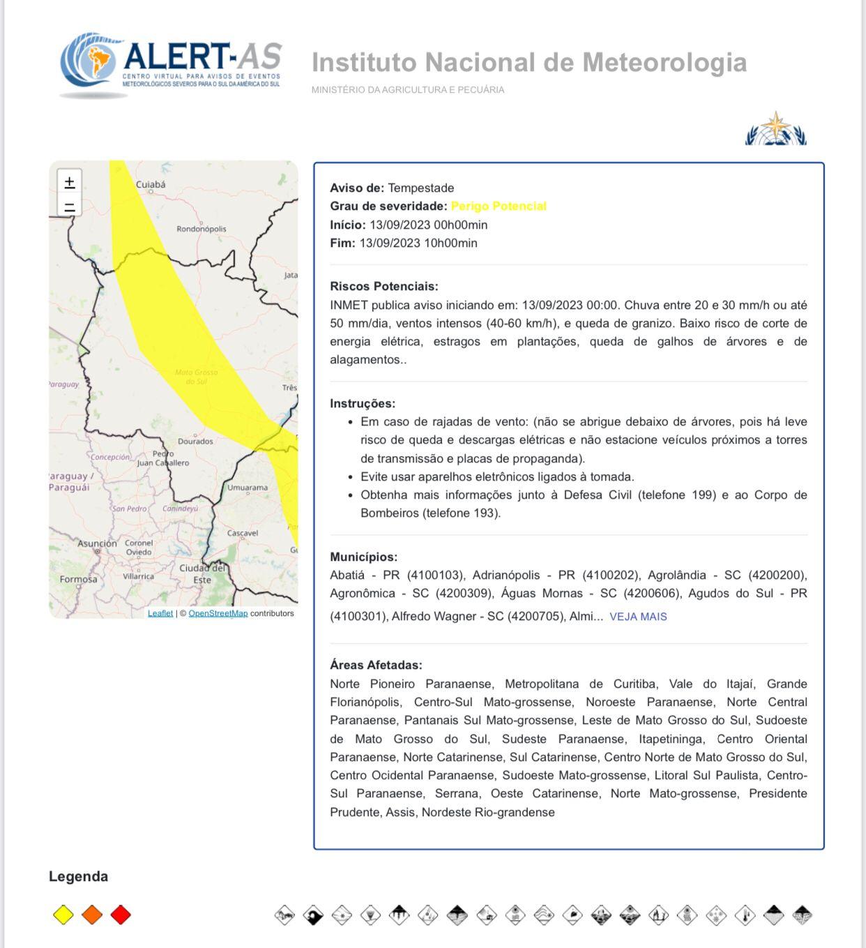 Defesa Civil Municipal: alerta segundo aviso do INMET, tem previsão de chuva forte para Campo Grande hoje (12/09/23)