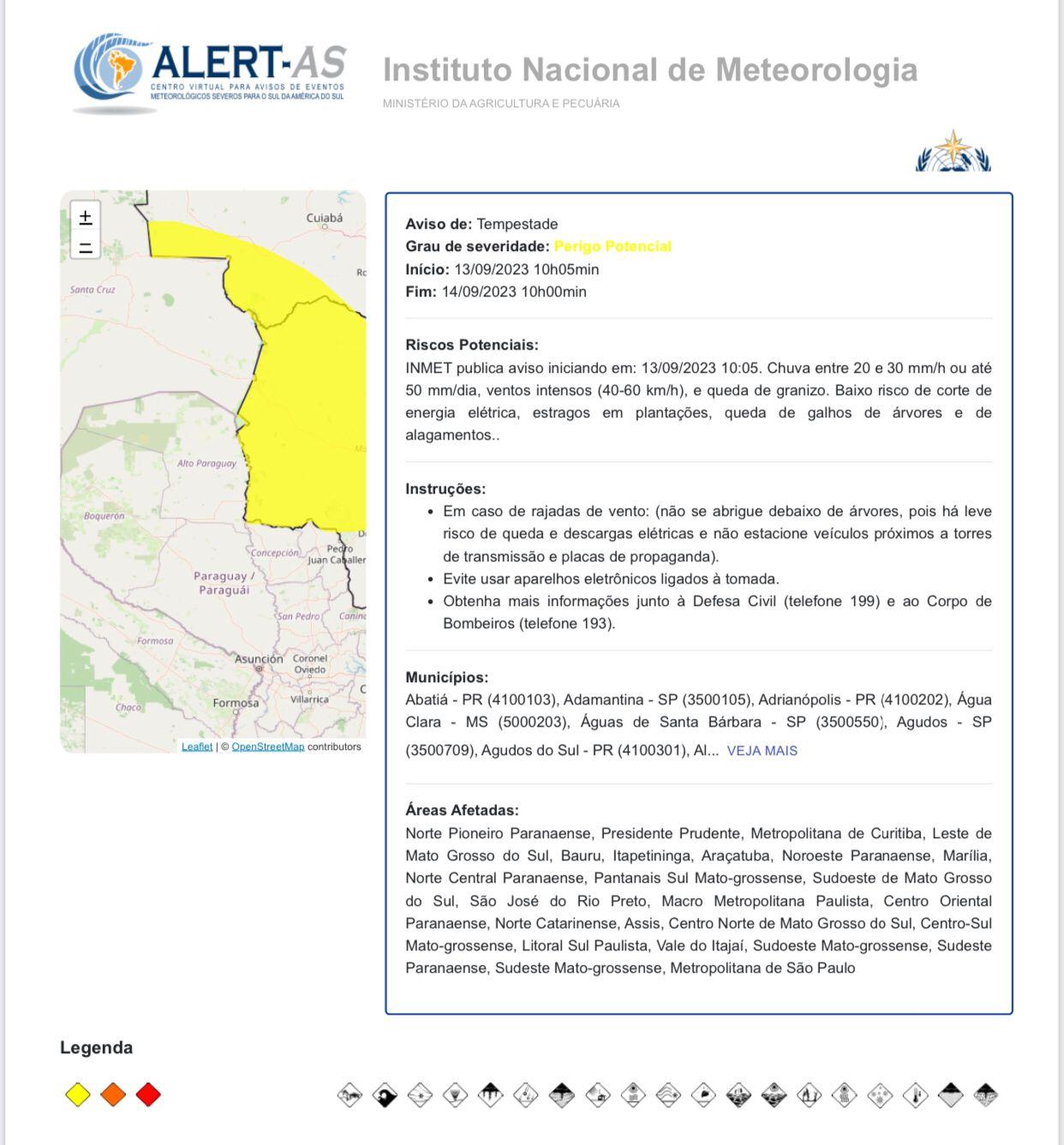 Defesa Civil Municipal: alerta segundo aviso do INMET, tem previsão de tempestade forte para Campo Grande hoje (13/09/23)