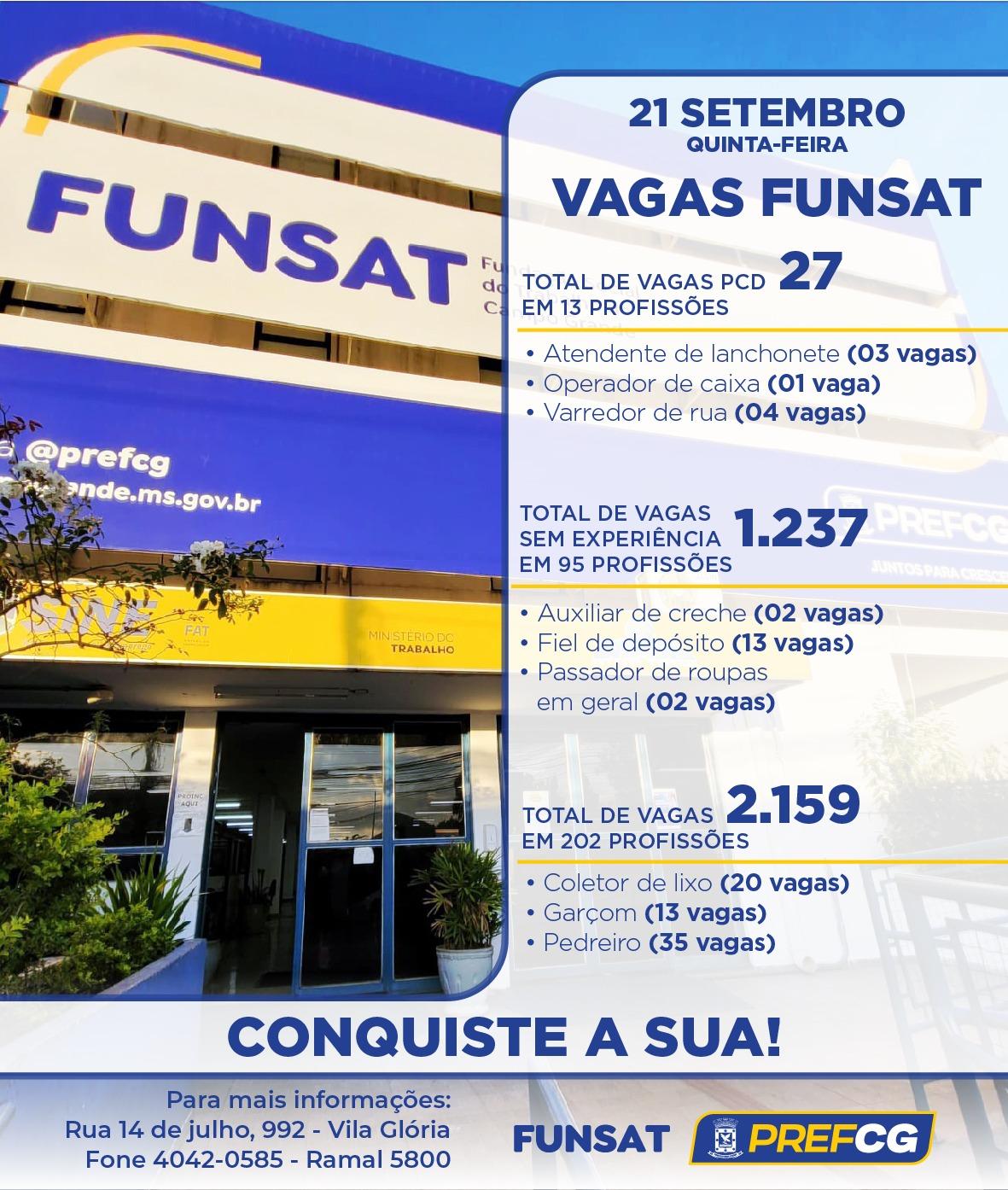 Funsat anuncia mais de 2,1 mil vagas de emprego em 258 empresas nesta quinta-feira.
