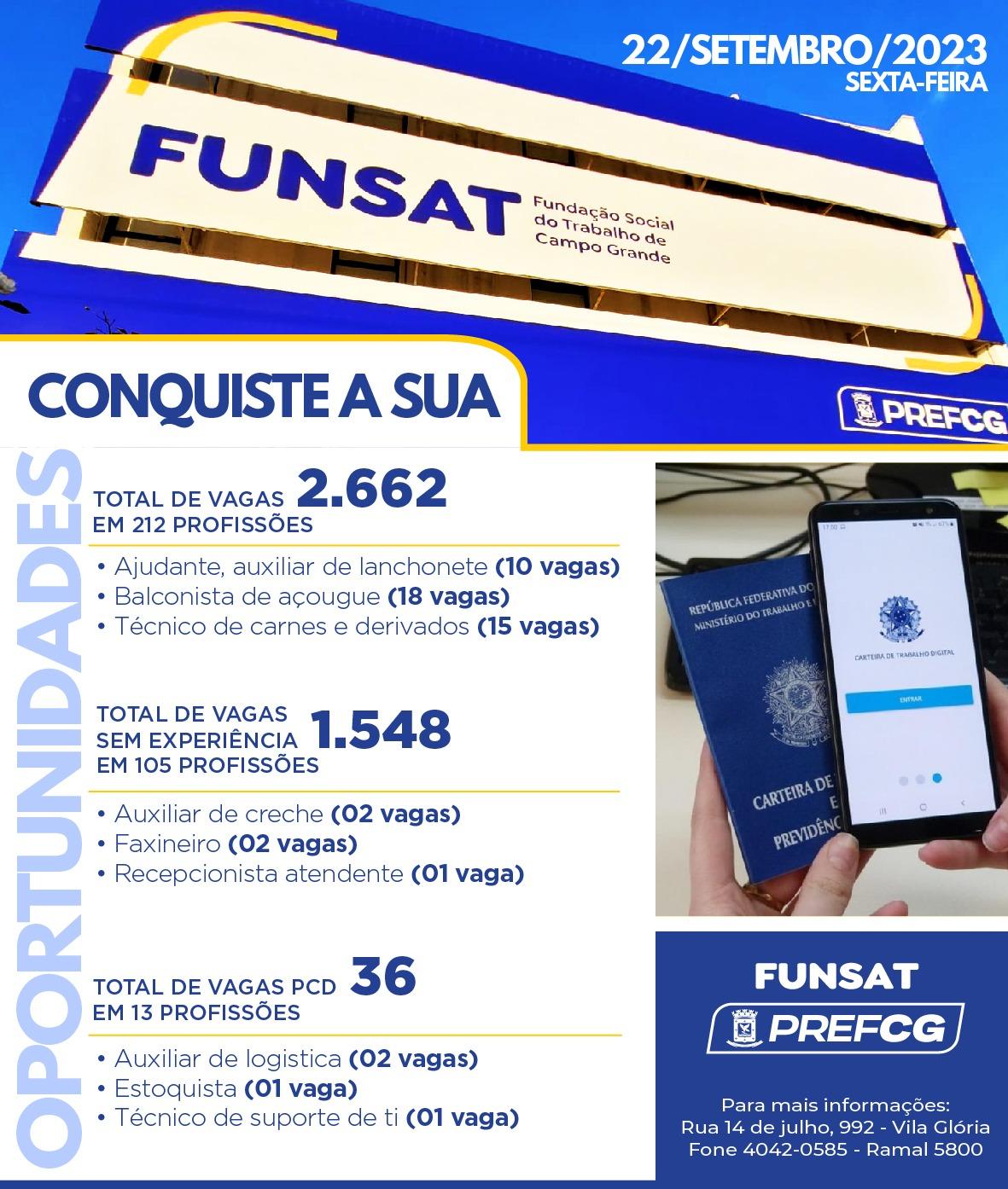 Funsat anuncia mais de 2,6 mil vagas de emprego em 212 funções nesta sexta-feira.
