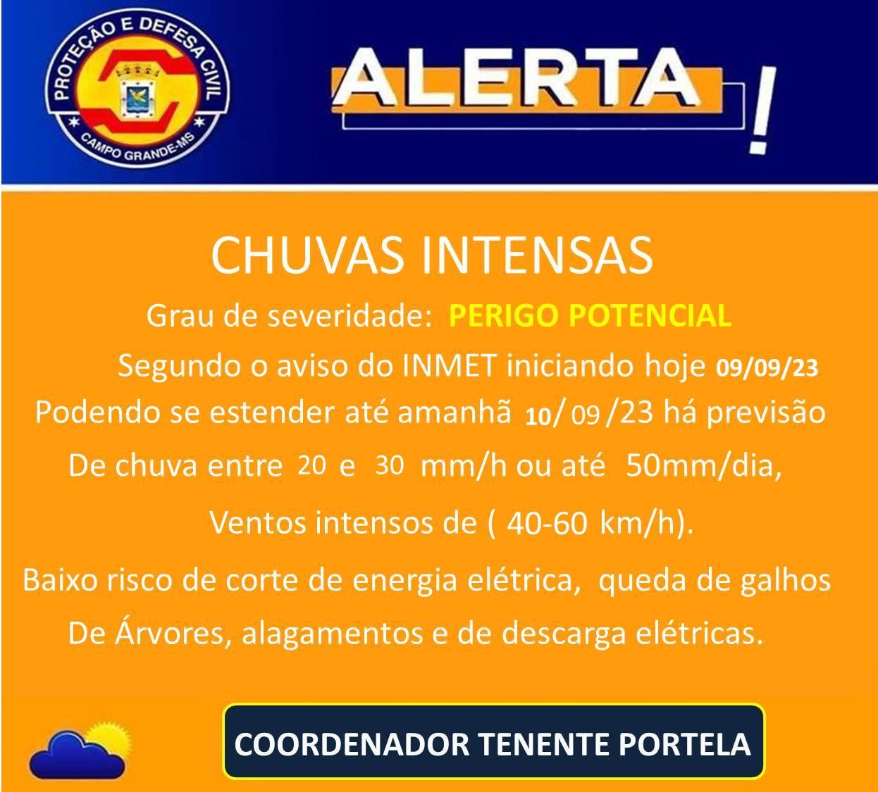 Defesa Civil Municipal: alerta segundo aviso do INMET, tem previsão de chuva forte para Campo Grande hoje (09/09/23)