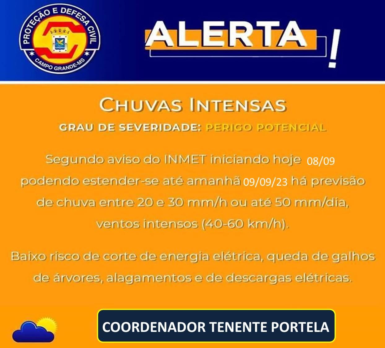 Defesa Civil Municipal: alerta segundo aviso do INMET, tem previsão de chuva forte para Campo Grande