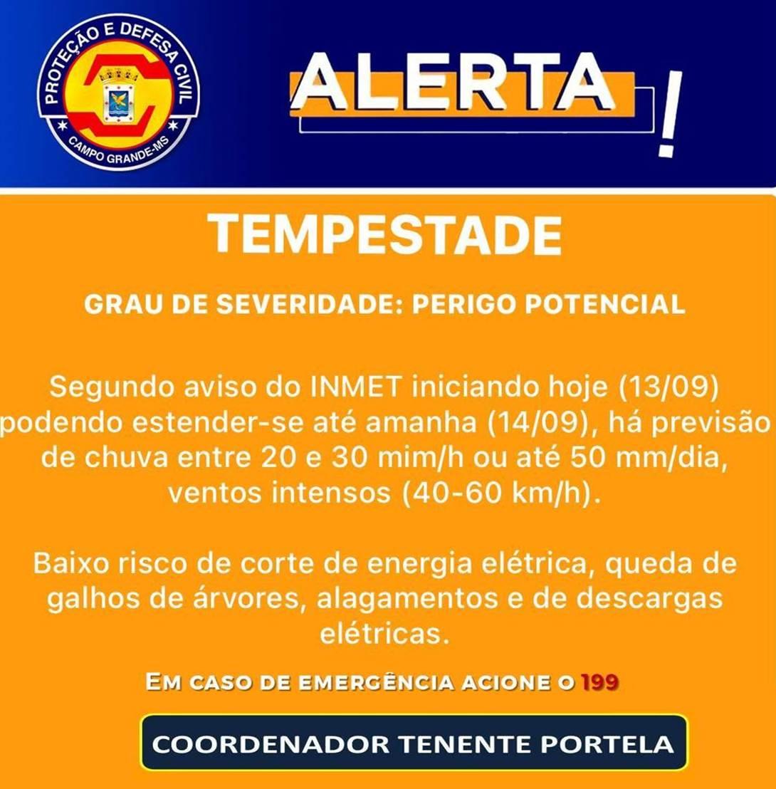 Defesa Civil Municipal: alerta segundo aviso do INMET, tem previsão de tempestade forte para Campo Grande hoje (13/09/23)