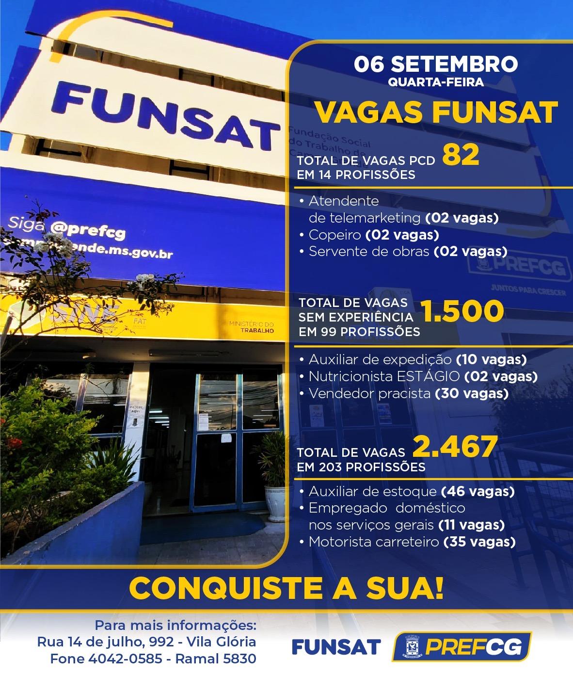 Funsat anuncia mais de 2,4 mil vagas de emprego em 250 empresas nesta quarta-feira.