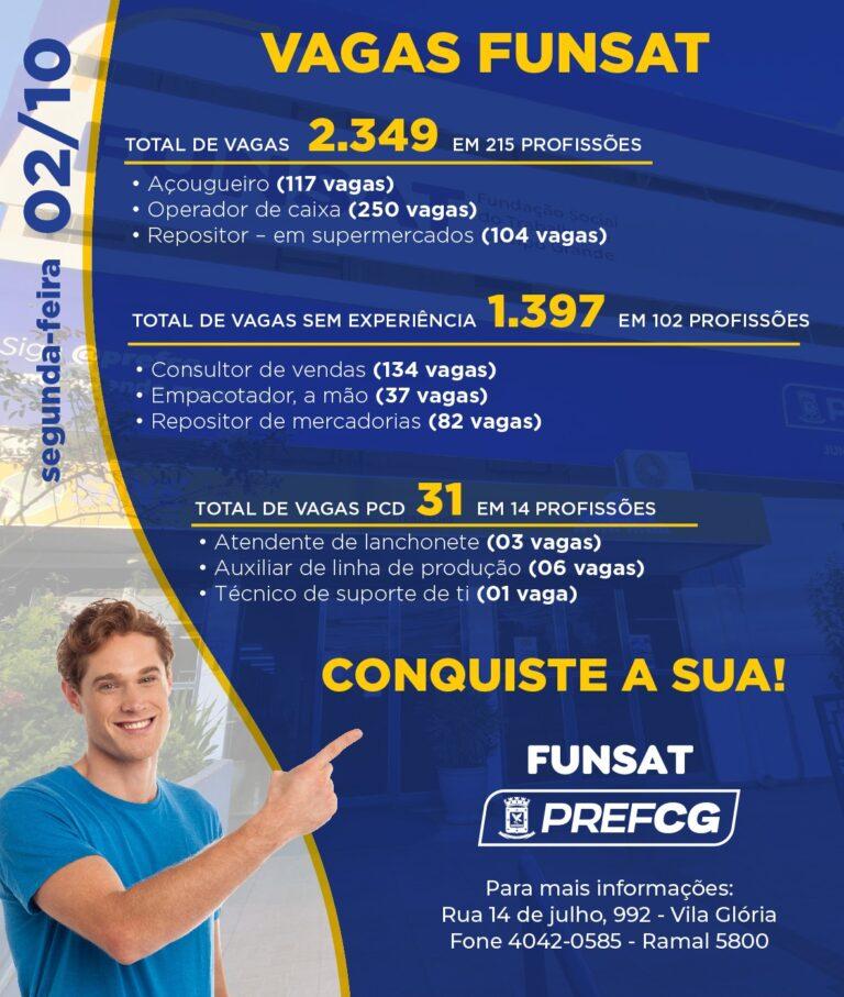 Funsat oferece mais de 2,3 mil vagas de emprego em 285 empresas nesta segunda-feira.