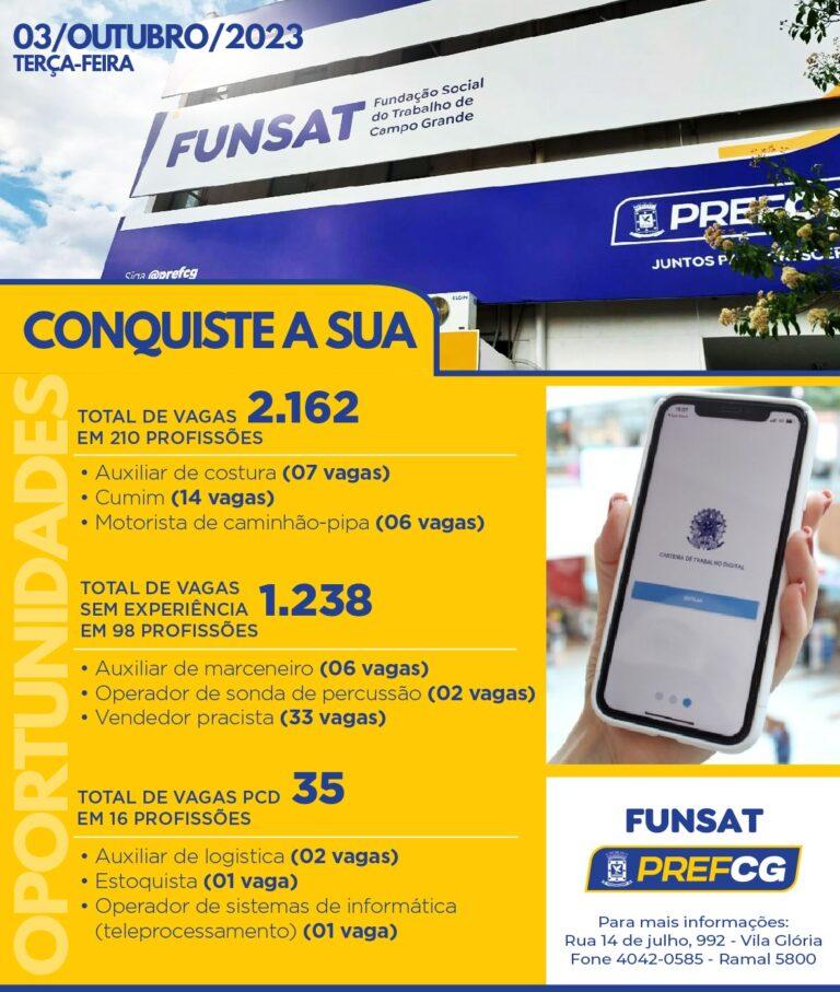 Funsat oferece 2.162 vagas de emprego em 210 profissões nesta terça-feira.