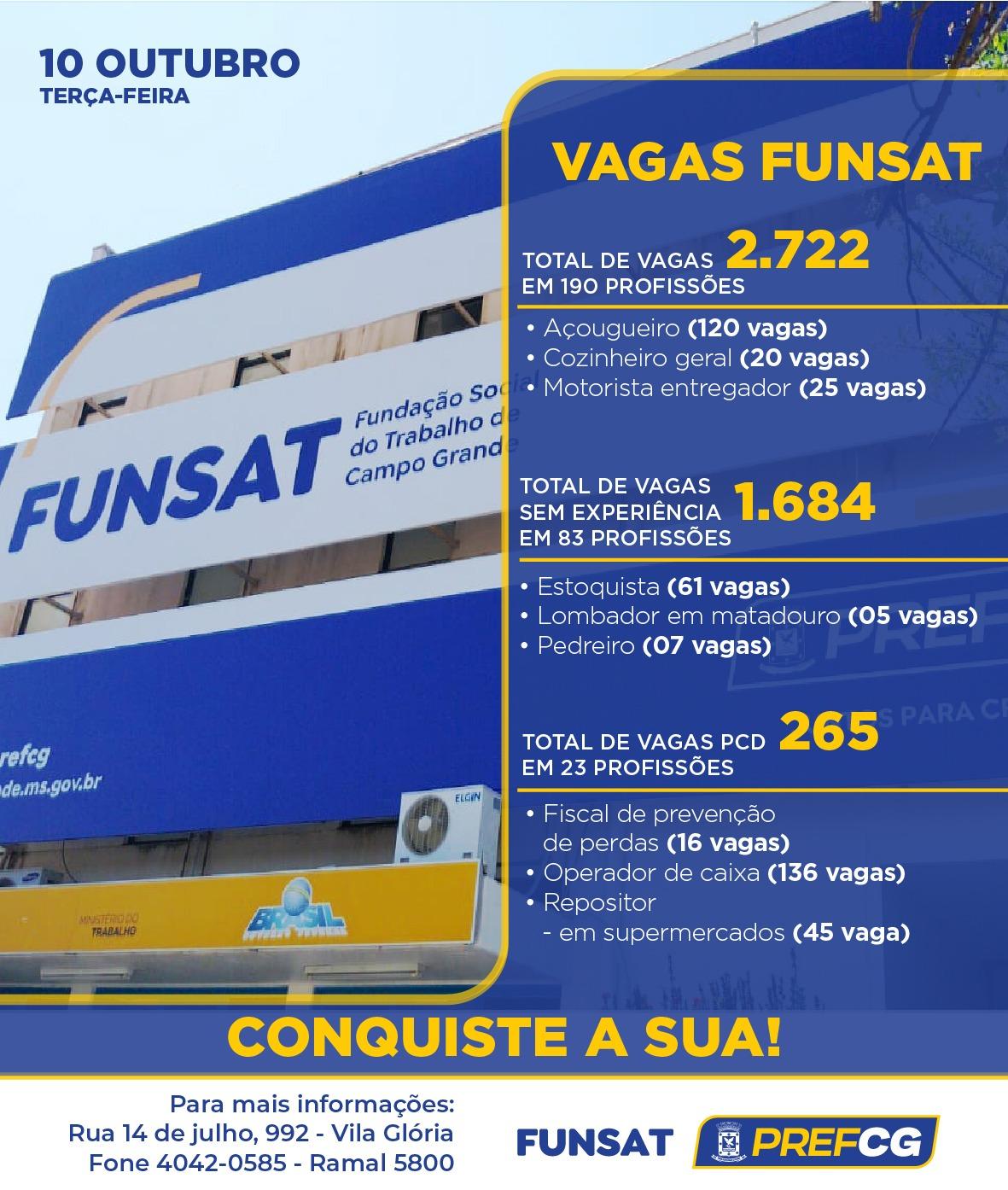Funsat anuncia 2,7 mil vagas de emprego em 190 funções nesta terça.