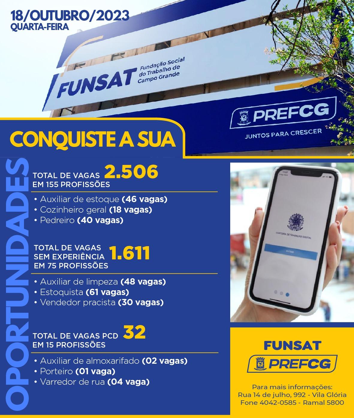 Funsat anuncia 2,5 mil vagas em 155 funções nesta quarta-feira.
