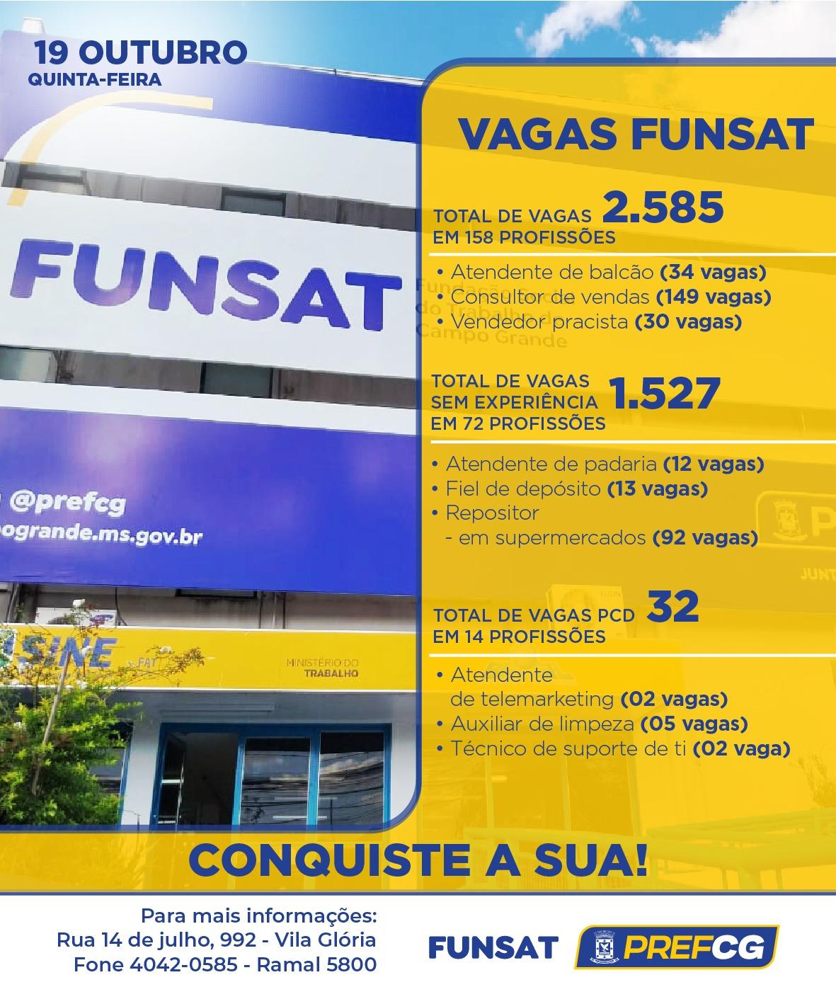 Funsat anuncia 2.585 vagas de emprego em 158 funções nesta quinta-feira.