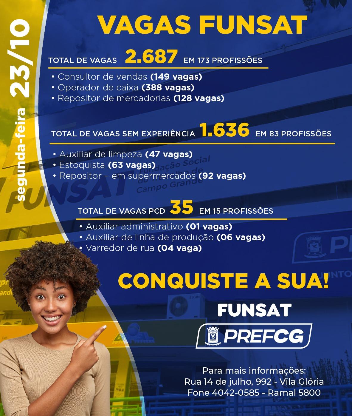 Funsat anuncia 2,6 mil vagas de emprego em mais de 170 funções nesta segunda-feira.