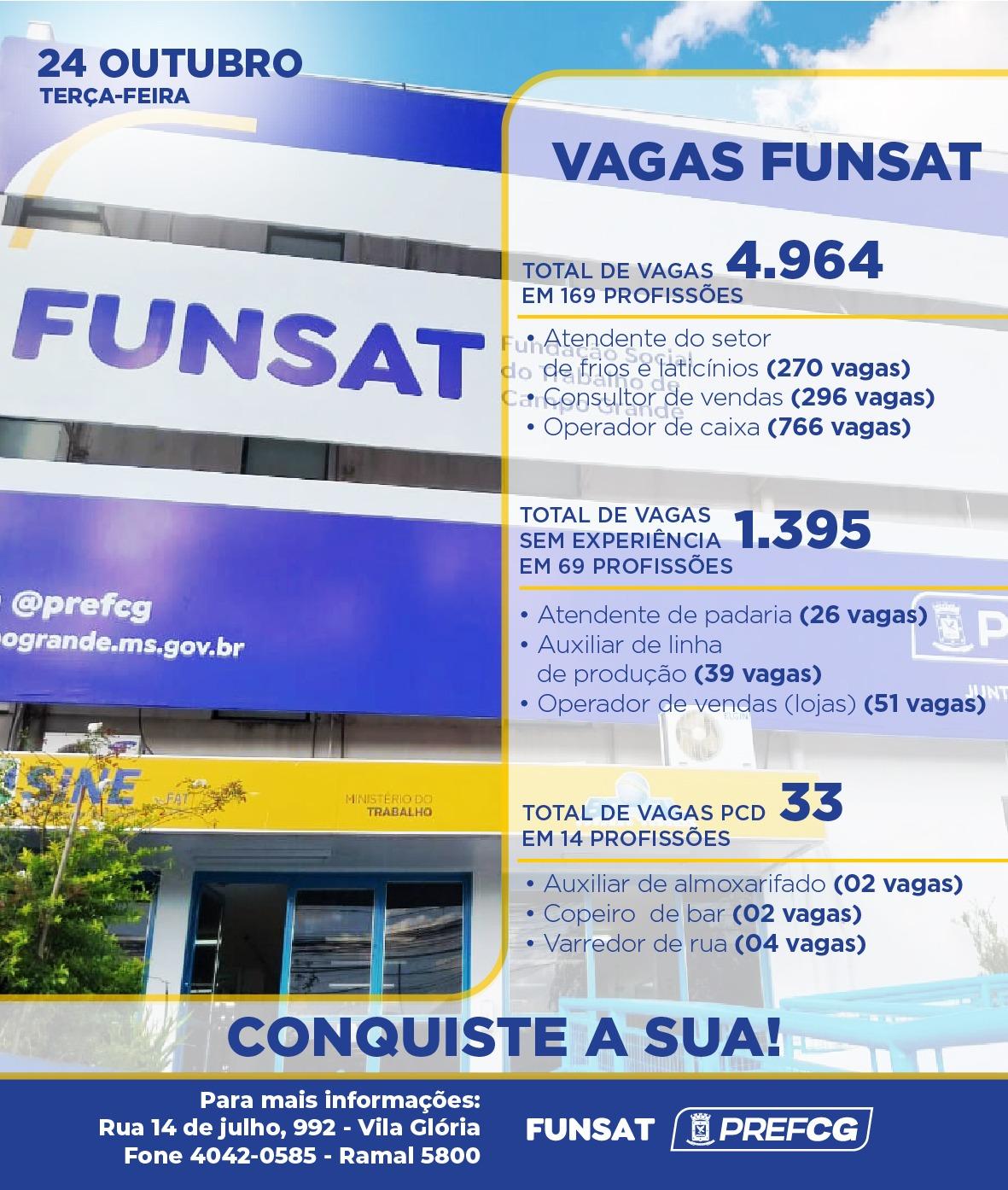 Funsat anuncia 2.505 vagas de emprego em mais de 200 empresas nesta terça-feira.