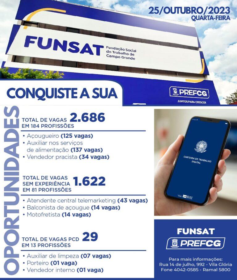 Funsat anuncia 2,6 mil vagas de emprego em 184 profissões nesta quarta-feira.