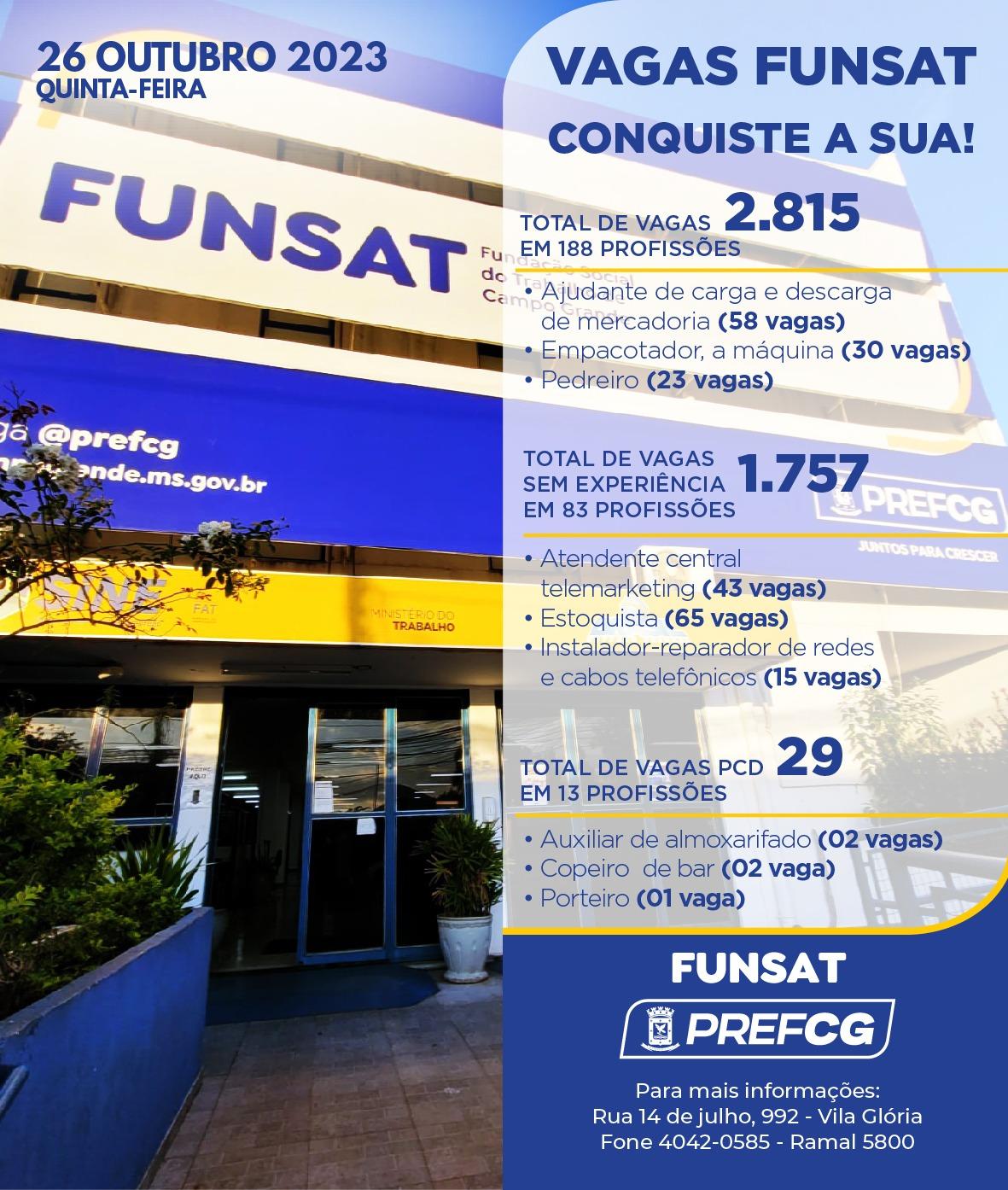 Funsat anuncia 2.815 vagas de emprego em mais de 200 empresas nesta quinta-feira. 