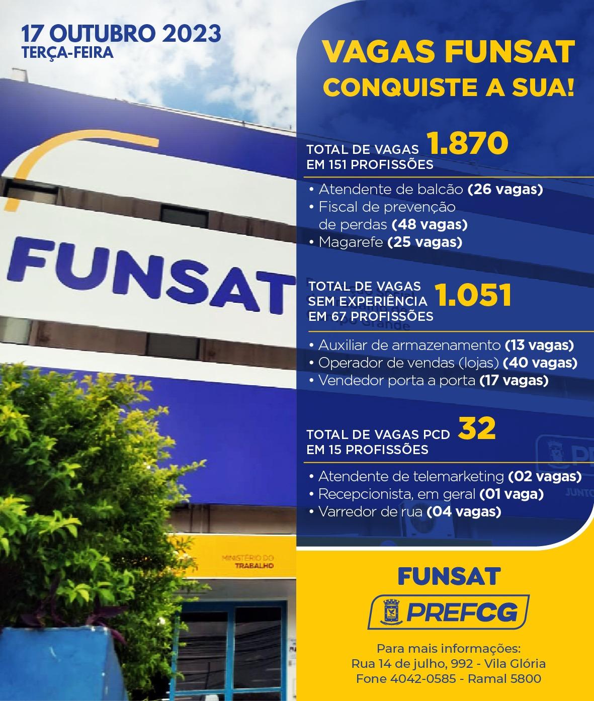 Funsat anuncia 1.870 vagas de emprego em 180 empresas nesta terça-feira.