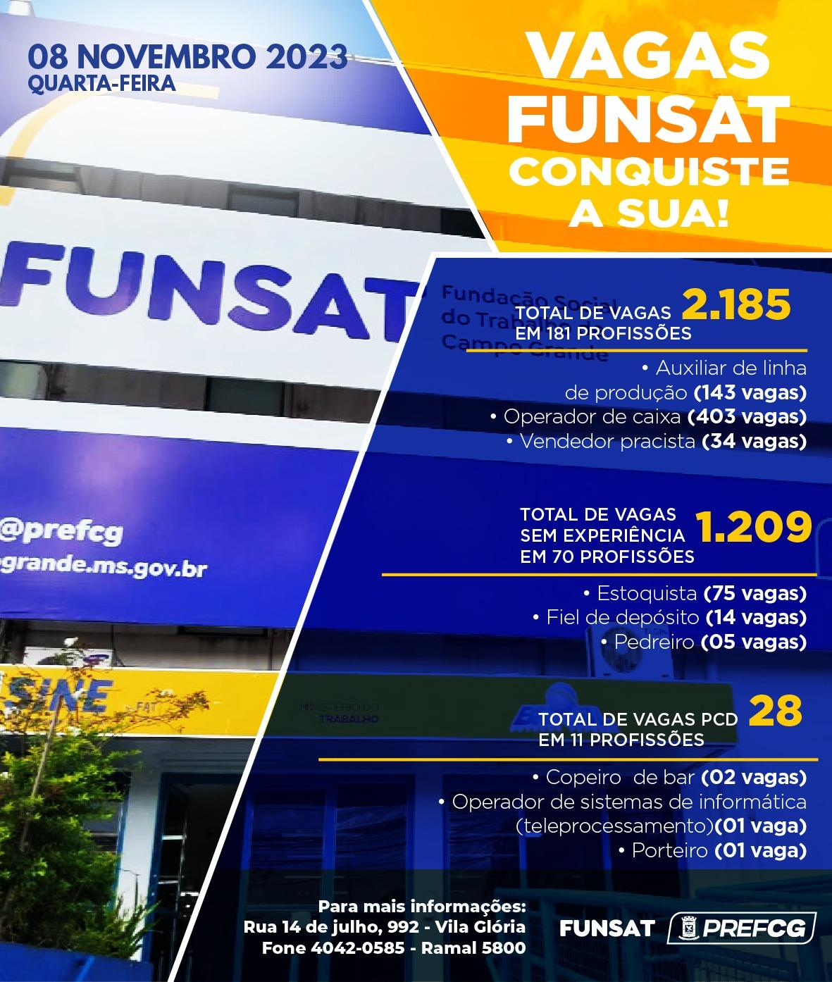 Funsat anuncia 2.185 mil vagas de emprego em mais de 180 funções nesta quarta-feira.