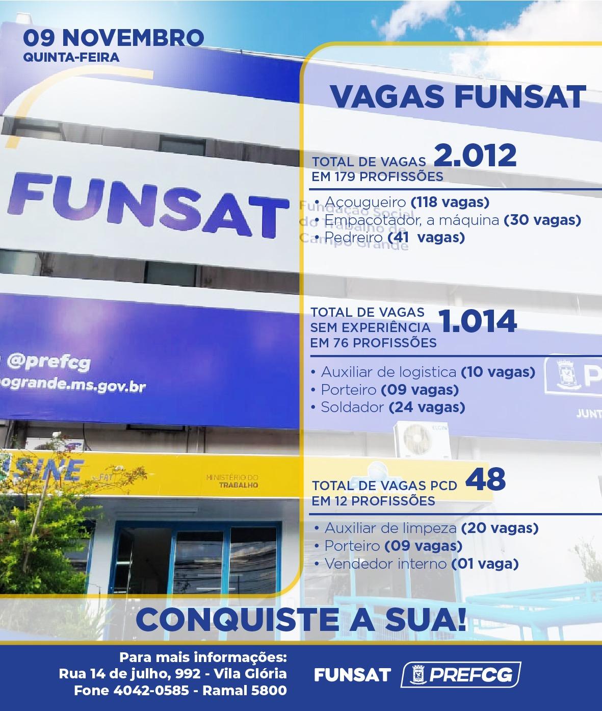 Funsat anuncia 2.185 mil vagas de emprego em mais de 180 funções nesta quinta-feira.