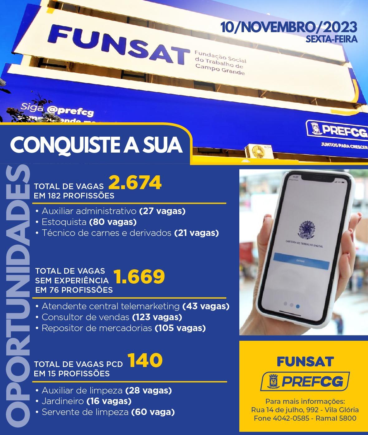 Funsat anuncia 2,6 mil vagas de emprego em mais de 200 empresas nesta sexta-feira.