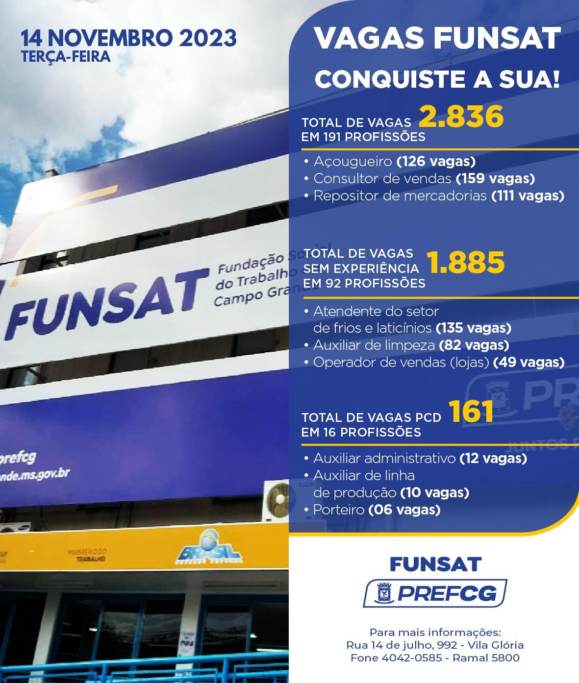 Funsat anuncia 2,8 mil vagas de emprego em mais de 290 empresas nesta terça-feira.