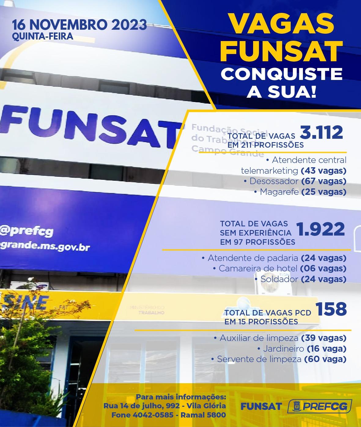 Funsat anuncia mais de 3.100 vagas de emprego em 312 empresas nesta quinta-feira.