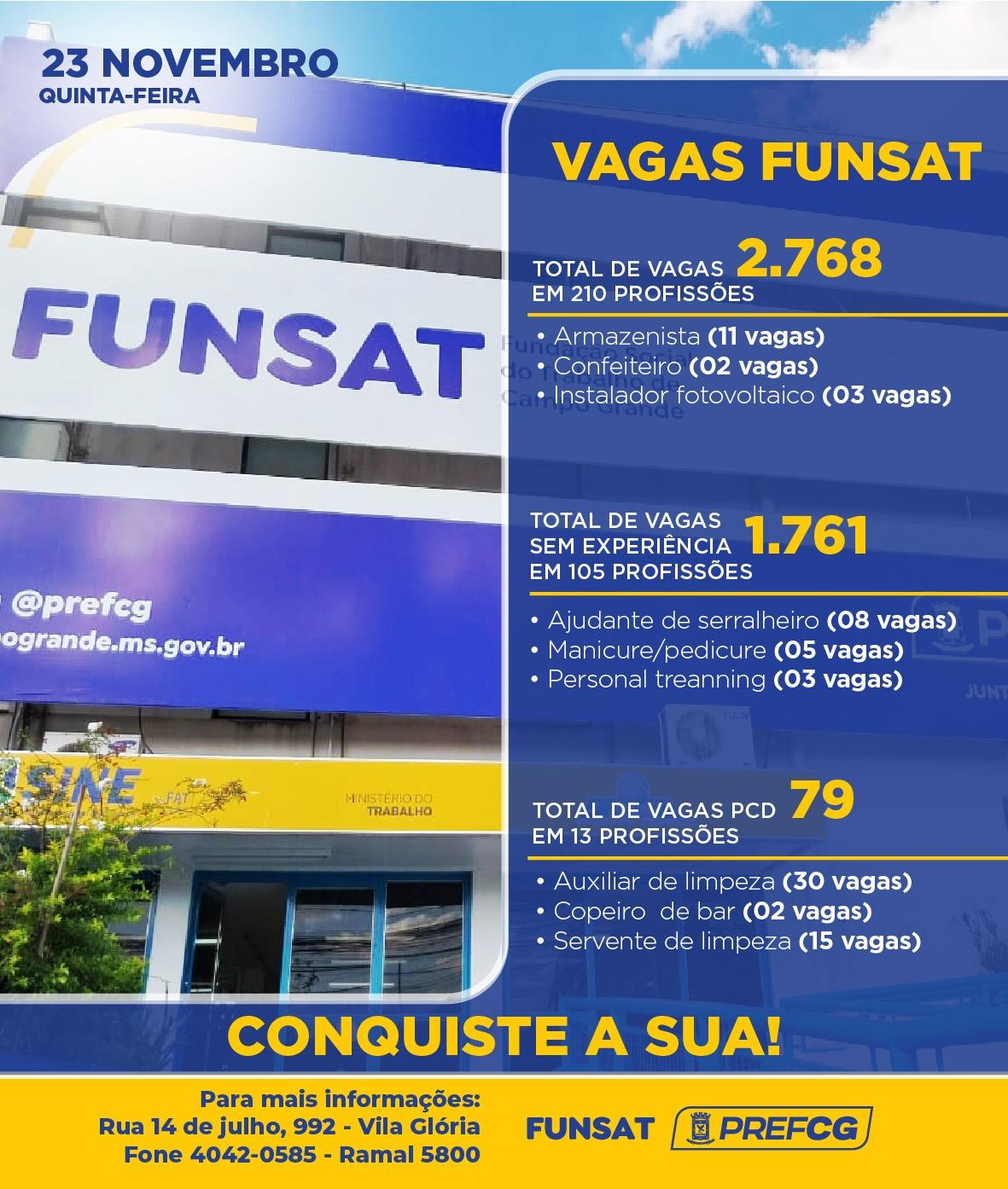 Funsat oferece mais de 2,7 mil vagas de emprego em 210 funções nesta quinta-feira.