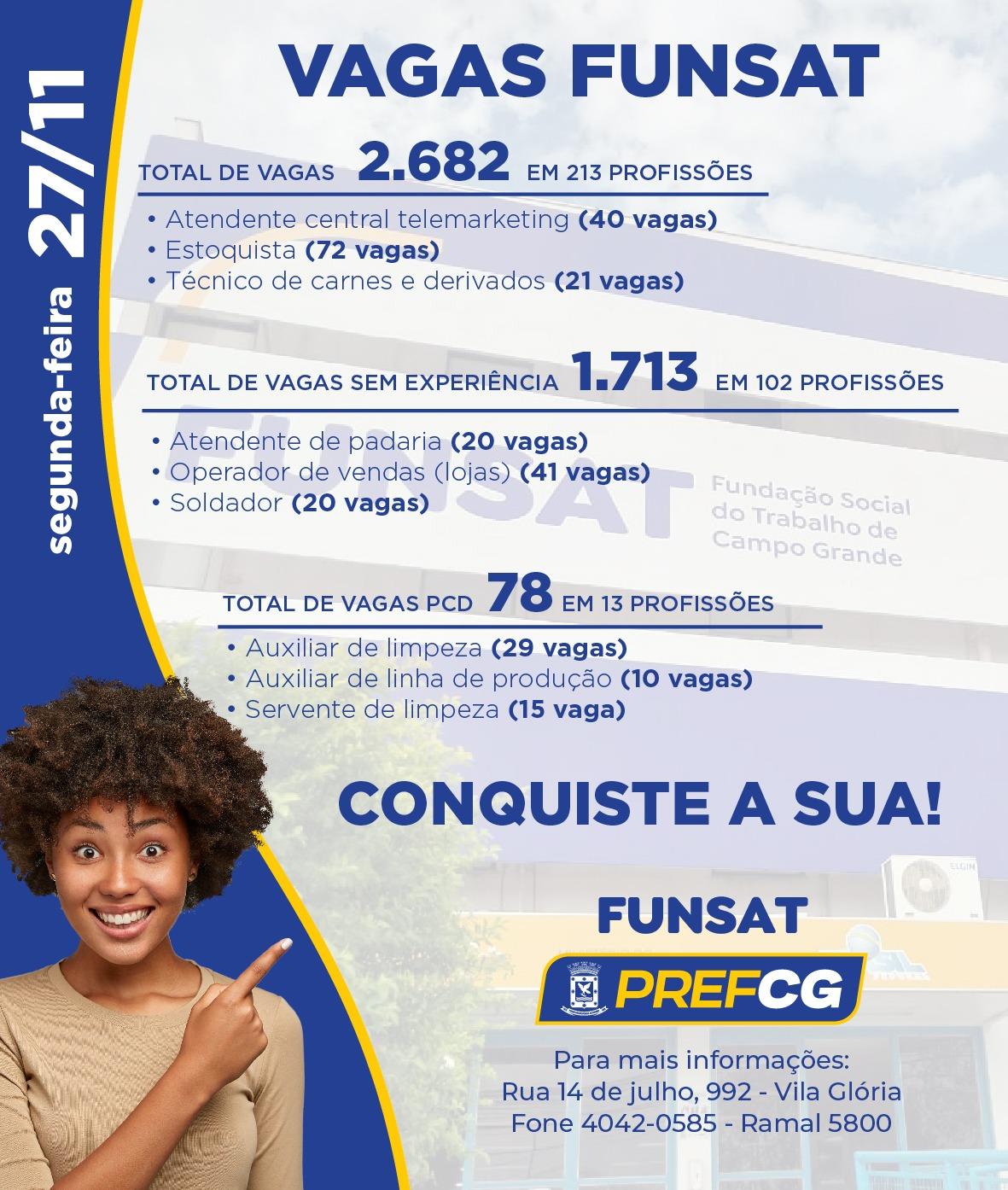 Funsat oferece 2.682 vagas de emprego em mais de 200 funções nesta segunda-feira.