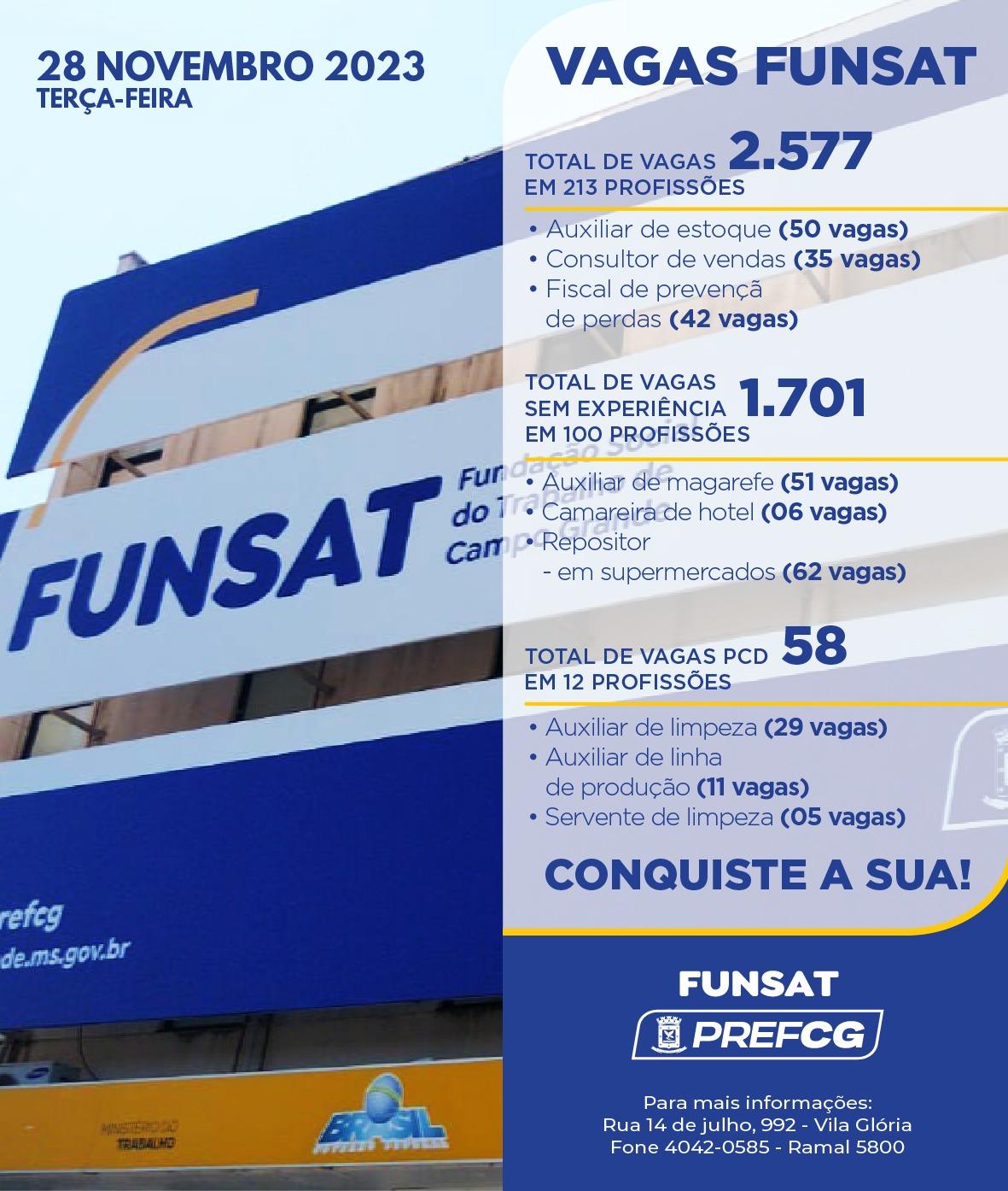 Funsat oferece 2,5 mil vagas de emprego em mais de 280 empresas nesta terça-feira. Funsat oferece 2,5 mil vagas de emprego em mais de 280 empresas nesta terça-feira.