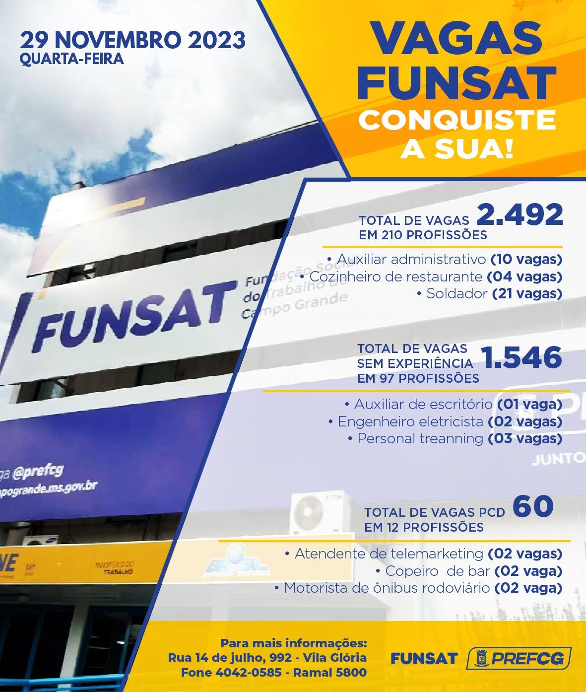 Funsat oferece 2.492 vagas de emprego em 210 profissões nesta quarta-feira.