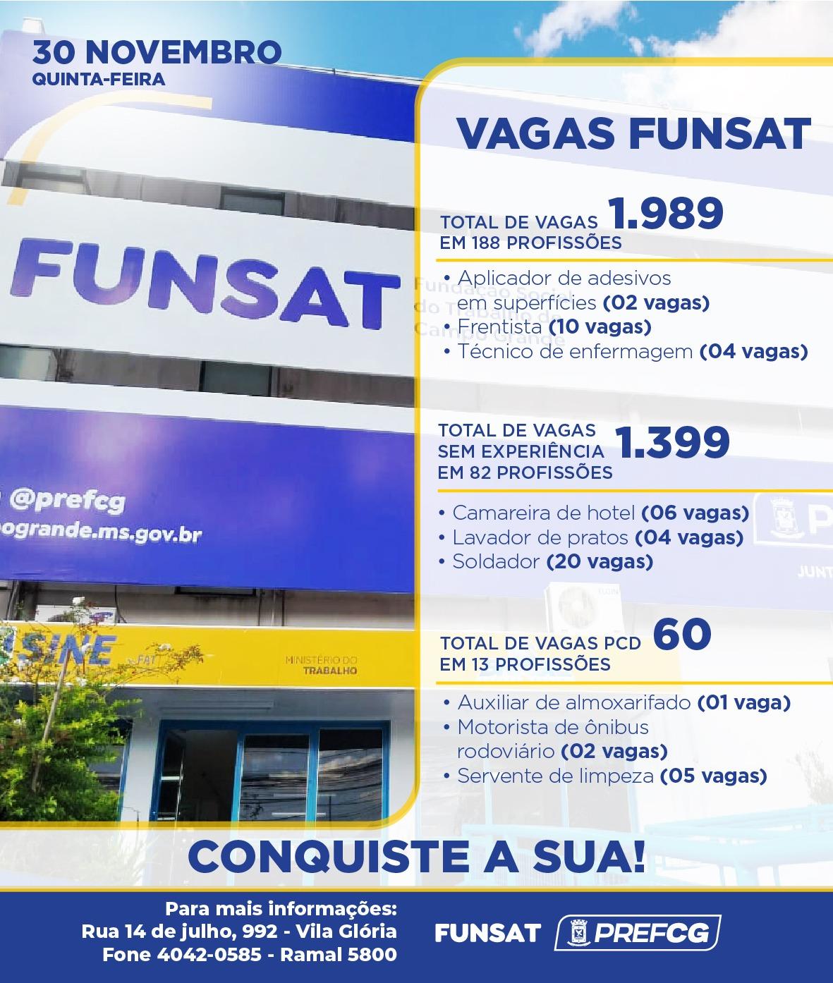Funsat oferece 1,9 mil vagas de emprego em 188 profissões nesta quinta-feira.