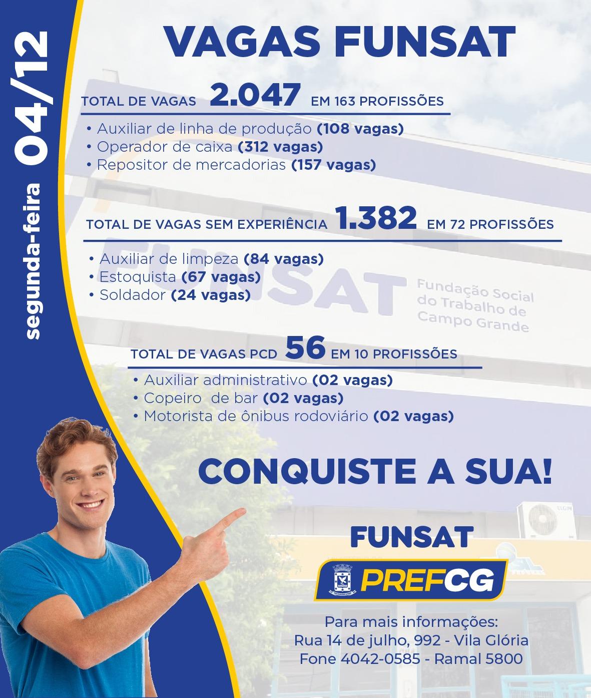 Funsat oferece mais de 2 mil vagas de emprego em 206 empresas nesta segunda-feira .