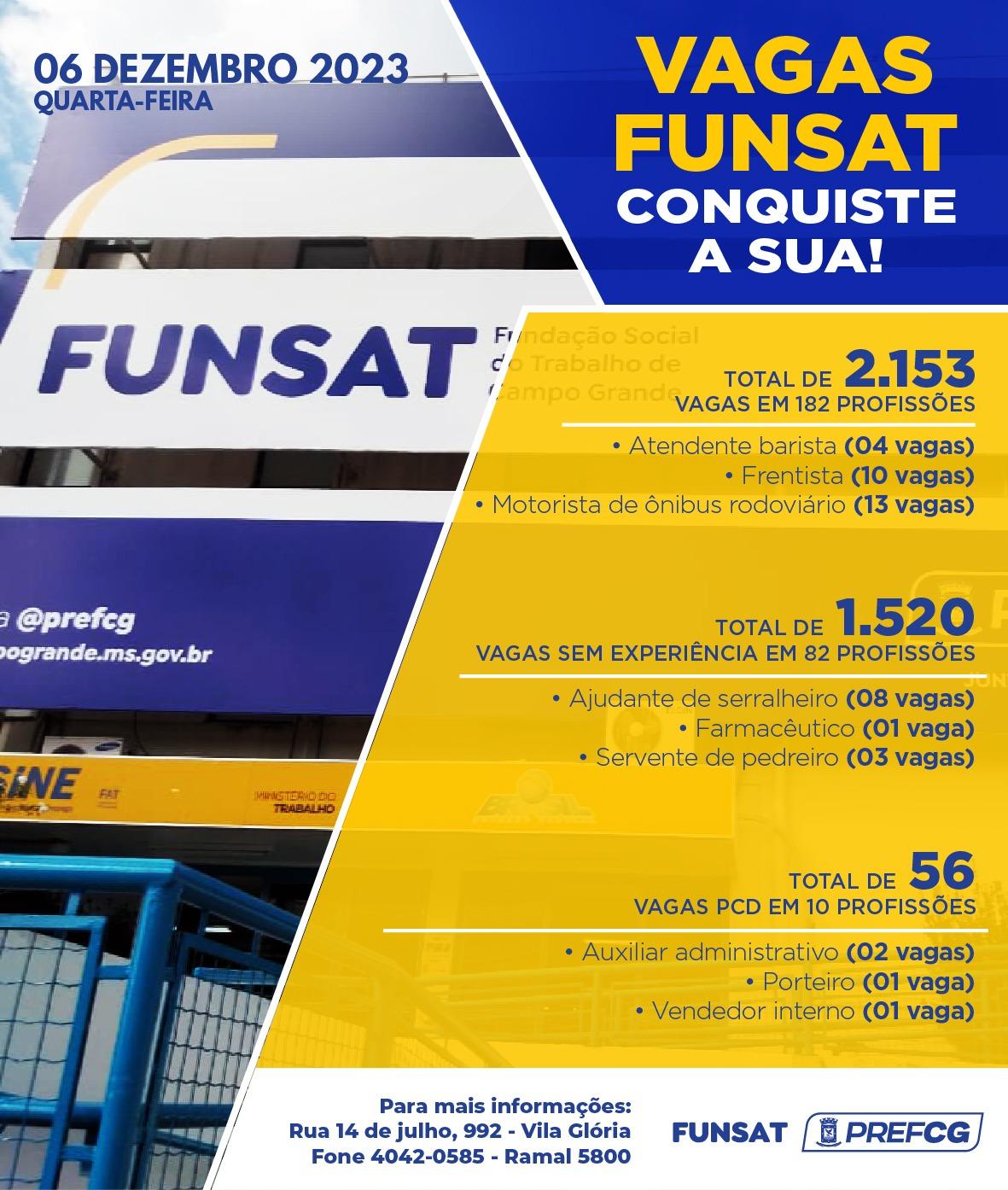 Funsat oferece mais de 2,1 mil vagas de emprego em 182 funções nesta quarta-feira.